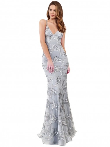 Magasins de Argent Sirène Col V Crêpe Stretch Paillette Tulle Longue Formelles Robes demoiselle d'honneur / Robes de soirée / Robes de bal