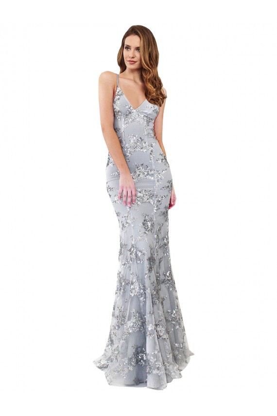 Magasins de Argent Sirène Col V Crêpe Stretch Paillette Tulle Longue Formelles Robes demoiselle d'honneur / Robes de soirée / Robes de bal