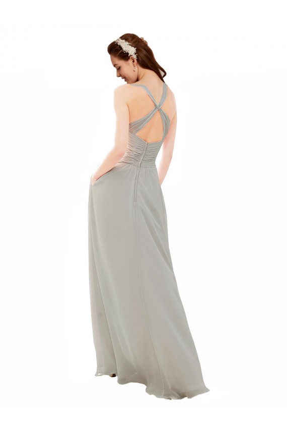 Magasins de Argent Trapèze Bretelles spaghetti Col V Mousseline Longue Robes demoiselle d'honneur