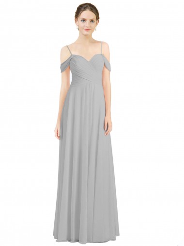 Magasins de Argent Trapèze Épaule Dénudée Bretelles spaghetti Mousseline Longue Robes demoiselle d'honneur
