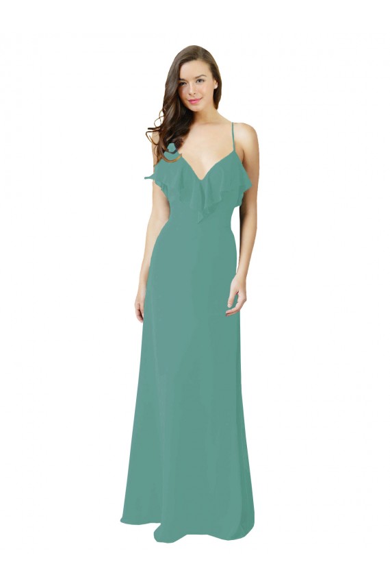 Magasins de Argent islandais Trapèze Bretelles spaghetti Col V Mousseline Longue Robes demoiselle d'honneur