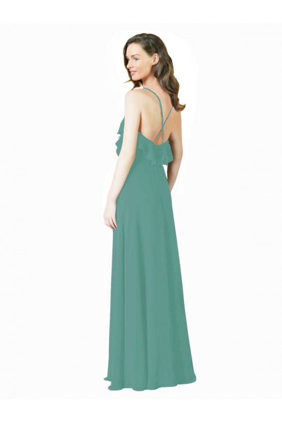 Magasins de Argent islandais Trapèze Bretelles spaghetti Col V Mousseline Longue Robes demoiselle d'honneur