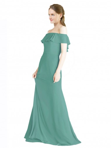 Magasins de Argent islandais Trapèze Épaule Dénudée Mousseline Longue Robes demoiselle d'honneur