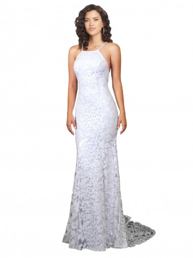 Magasins de Blanc Fourreau Col Haut Balayage train Dentelle Robes de mariée