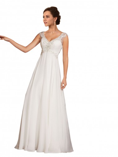 Magasins de Blanc Fourreau Col V Mousseline Dentelle Robes de mariée