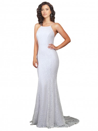 Magasins de Blanc Sirène Col Haut Balayage train Dentelle Robes de mariée