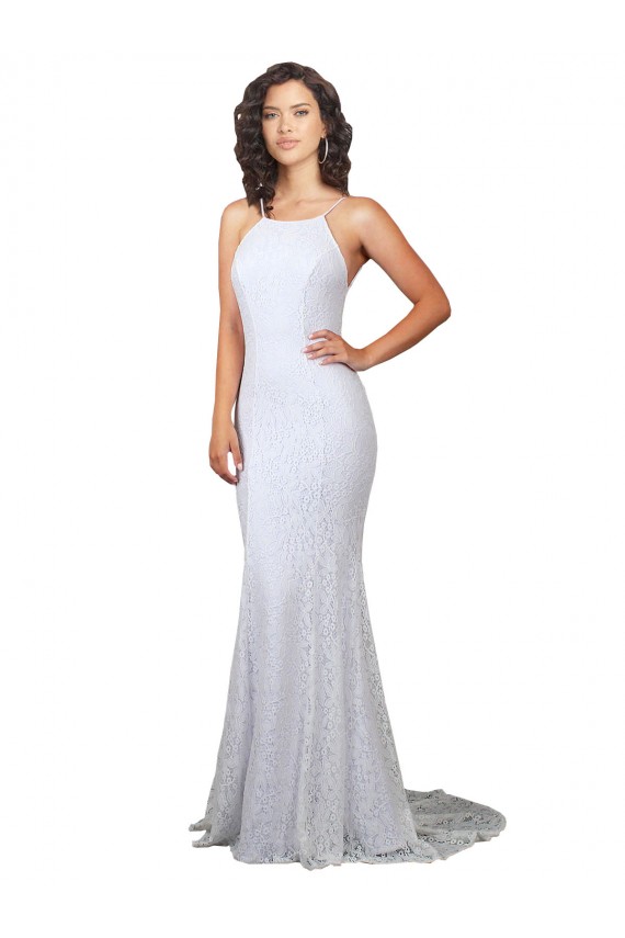 Magasins de Blanc Sirène Col Haut Balayage train Dentelle Robes de mariée