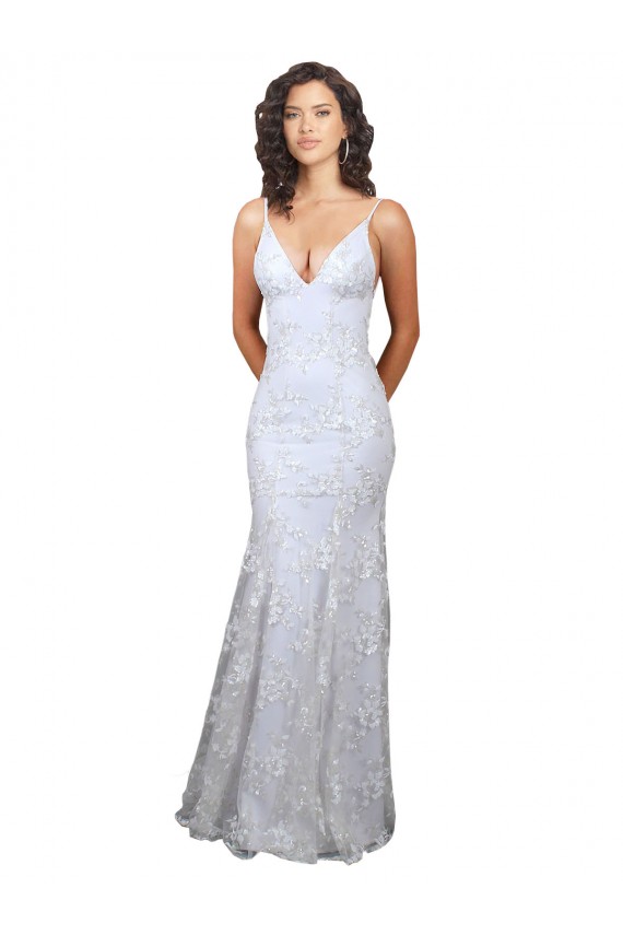 Magasins de Blanc Sirène Col V Crêpe Stretch Paillette Tulle Longue Formelles Robes demoiselle d'honneur / Robes de soirée / Robes de bal