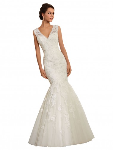 Magasins de Blanc Sirène Col V Tulle Dentelle Robes de mariée