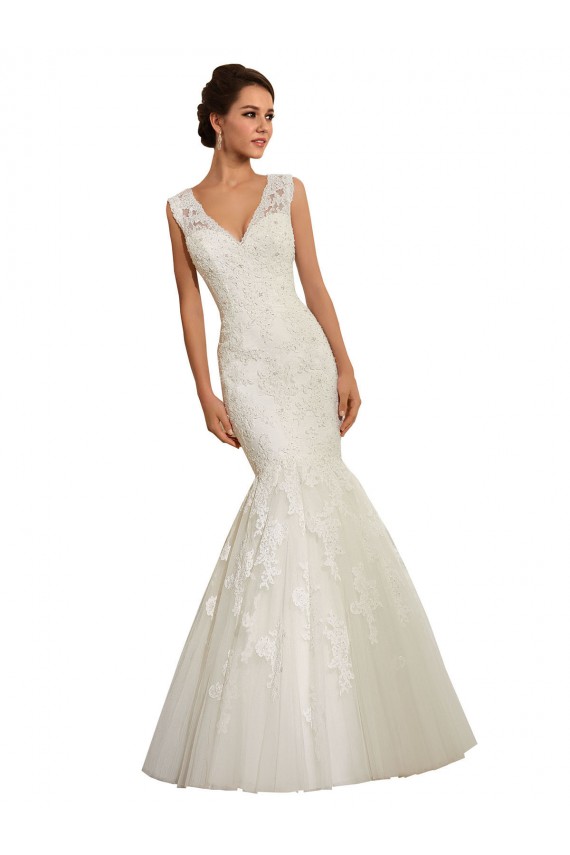 Magasins de Blanc Sirène Col V Tulle Dentelle Robes de mariée