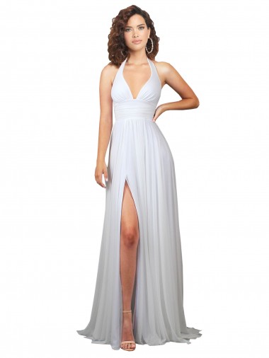 Magasins de Blanc Trapèze Col V Balayage train Mousseline Longue Robes demoiselle d'honneur