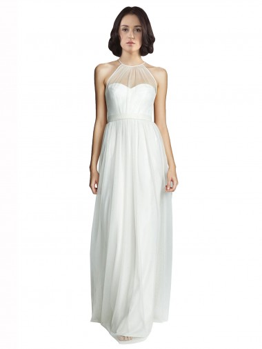 Magasins de Blanc Trapèze Licou Col Haut Tulle Longue Robes demoiselle d'honneur