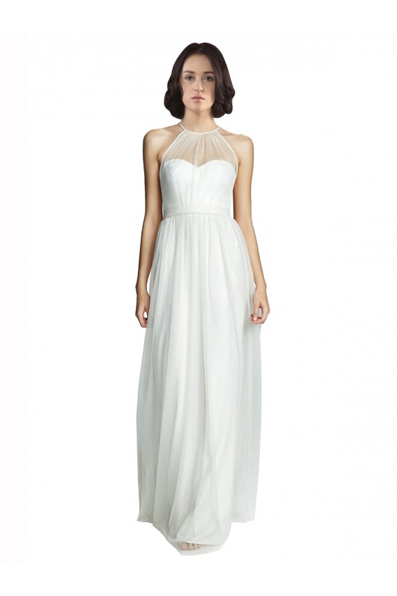 Magasins de Blanc Trapèze Licou Col Haut Tulle Longue Robes demoiselle d'honneur