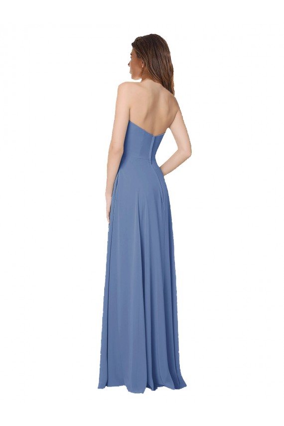 Magasins de Bleu Windsor Trapèze Sans bretelle Mousseline Longue Robes demoiselle d'honneur