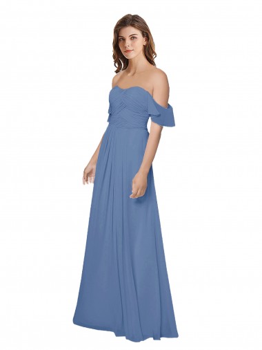 Magasins de Bleu Windsor Trapèze Épaule Dénudée Sans bretelle Mousseline Longue Robes demoiselle d'honneur