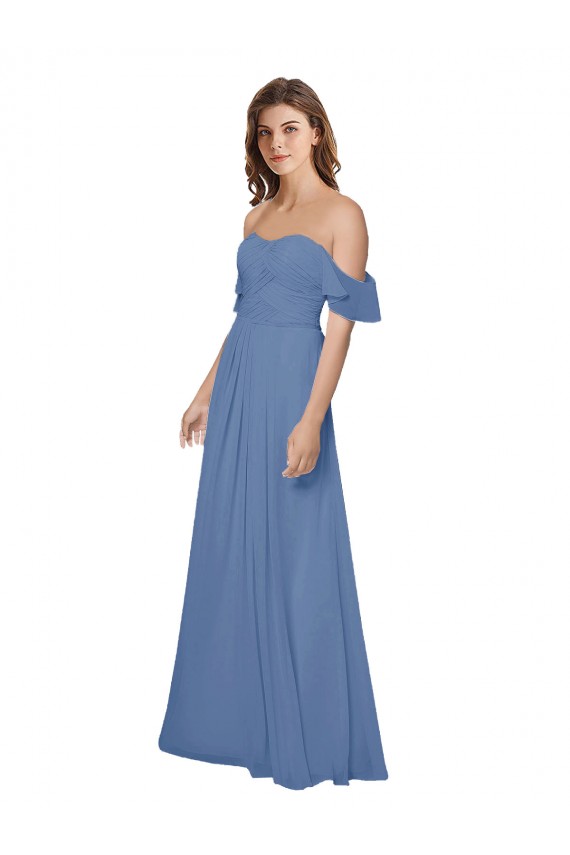 Magasins de Bleu Windsor Trapèze Épaule Dénudée Sans bretelle Mousseline Longue Robes demoiselle d'honneur