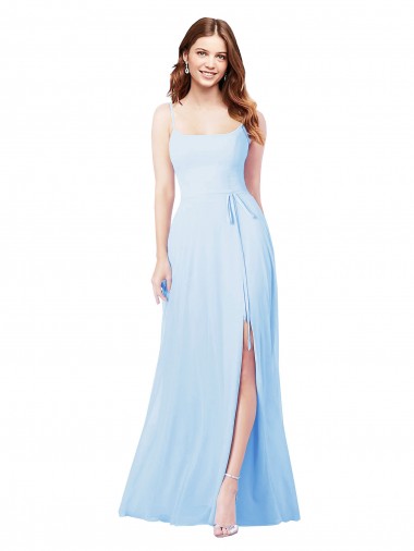 Magasins de Bleu ciel clair Fourreau Bretelles spaghetti Col Carré Mousseline Longue Robes demoiselle d'honneur