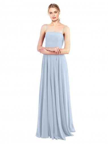 Magasins de Bleu ciel clair Trapèze Bretelles spaghetti Col Carré Mousseline Longue Robes demoiselle d'honneur