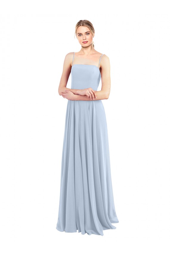 Magasins de Bleu ciel clair Trapèze Bretelles spaghetti Col Carré Mousseline Longue Robes demoiselle d'honneur