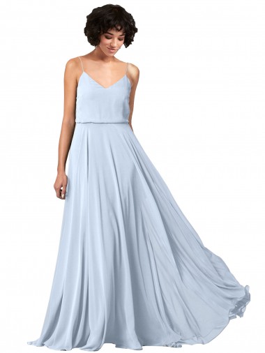 Magasins de Bleu ciel clair Trapèze Bretelles spaghetti Col V Mousseline Longue Robes demoiselle d'honneur