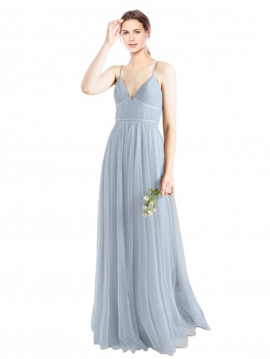 Magasins de Bleu ciel clair Trapèze Bretelles spaghetti Col V Tulle Longue Robes demoiselle d'honneur