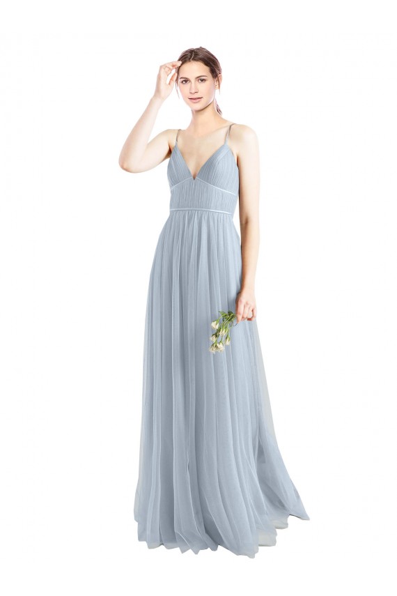 Magasins de Bleu ciel clair Trapèze Bretelles spaghetti Col V Tulle Longue Robes demoiselle d'honneur