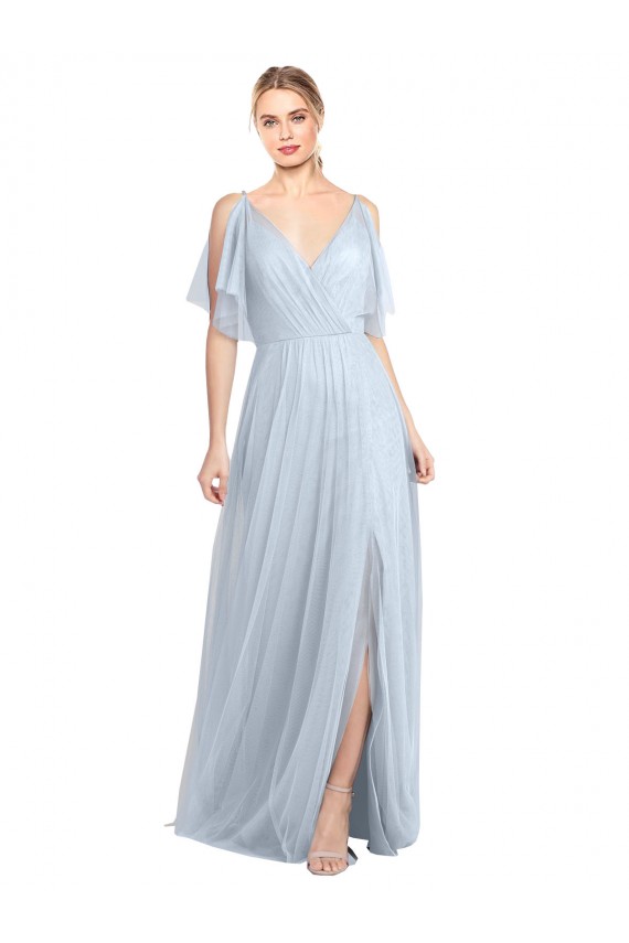 Magasins de Bleu ciel clair Trapèze Bretelles spaghetti Col V Tulle Longue Robes demoiselle d'honneur
