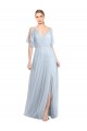 Magasins de Bleu ciel clair Trapèze Bretelles spaghetti Col V Tulle Longue Robes demoiselle d'honneur