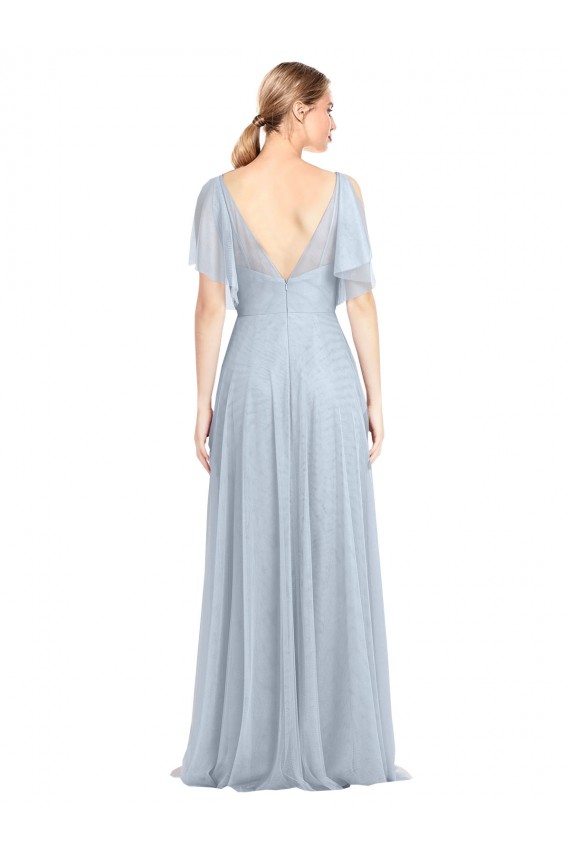 Magasins de Bleu ciel clair Trapèze Bretelles spaghetti Col V Tulle Longue Robes demoiselle d'honneur