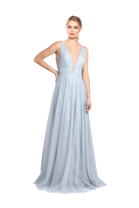 Magasins de Bleu ciel clair Trapèze Bretelles spaghetti Col V Tulle Longue Robes demoiselle d'honneur