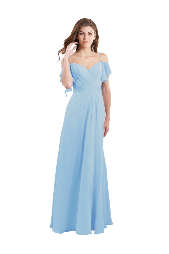 Magasins de Bleu ciel clair Trapèze Bretelles spaghetti Mousseline Longue Robes demoiselle d'honneur