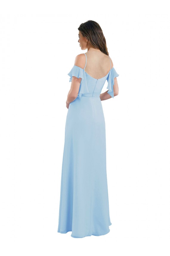 Magasins de Bleu ciel clair Trapèze Bretelles spaghetti Mousseline Longue Robes demoiselle d'honneur