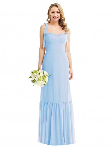 Magasins de Bleu ciel clair Trapèze Bretelles spaghetti Mousseline Longue Robes demoiselle d'honneur