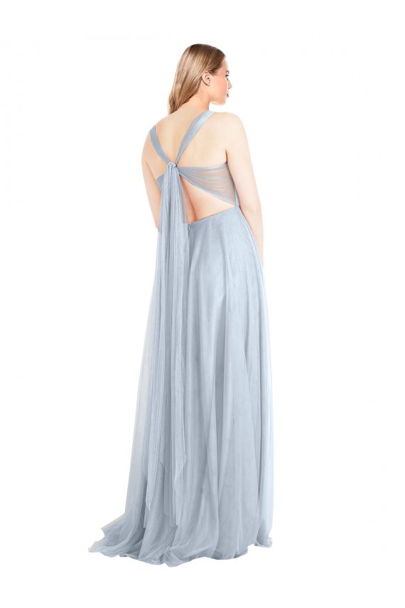 Magasins de Bleu ciel clair Trapèze Bretelles spaghetti Tulle Longue Robes demoiselle d'honneur