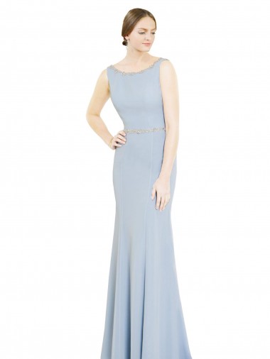 Magasins de Bleu ciel clair Trapèze Col Bateau Col Haut Mousseline Longue Robes demoiselle d'honneur