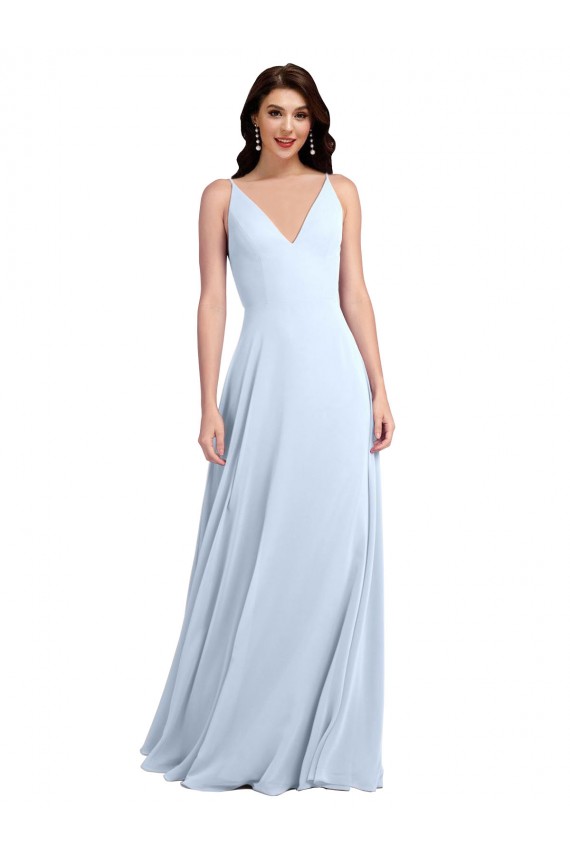 Magasins de Bleu ciel clair Trapèze Col V Mousseline Longue Robes demoiselle d'honneur