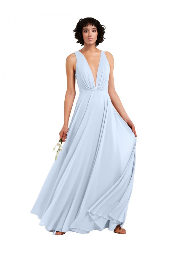 Magasins de Bleu ciel clair Trapèze Col V Mousseline Longue Robes demoiselle d'honneur
