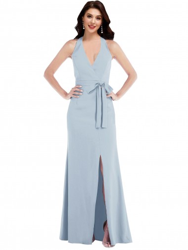 Magasins de Bleu ciel clair Trapèze Licou Col V Crêpe Stretch Longue Formelles Robes demoiselle d'honneur / Robes de soirée / Robes de bal