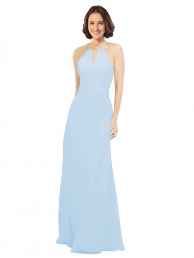 Magasins de Bleu ciel clair Trapèze Licou Mousseline Longue Robes demoiselle d'honneur