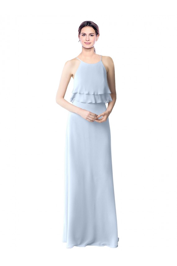 Magasins de Bleu ciel clair Trapèze Licou Mousseline Longue Robes demoiselle d'honneur