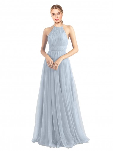 Magasins de Bleu ciel clair Trapèze Licou Tulle Longue Robes demoiselle d'honneur