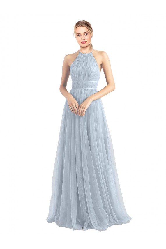 Magasins de Bleu ciel clair Trapèze Licou Tulle Longue Robes demoiselle d'honneur