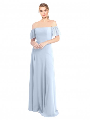 Magasins de Bleu ciel clair Trapèze Épaule Dénudée Col Carré Mousseline Longue Robes demoiselle d'honneur