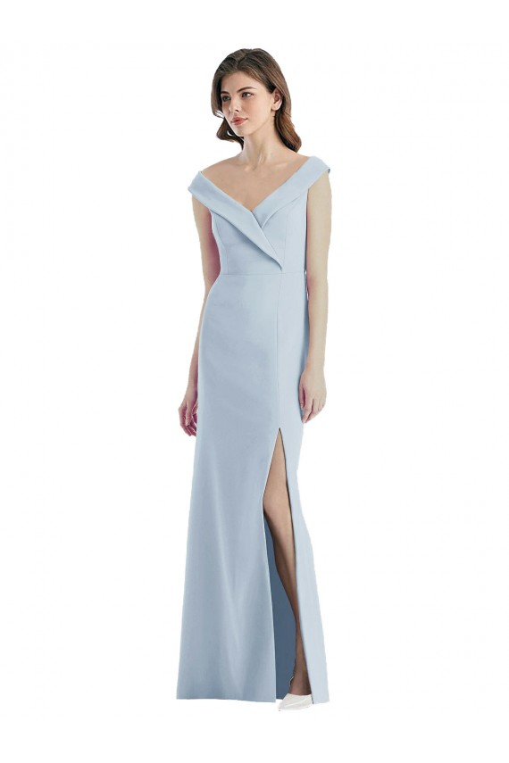 Magasins de Bleu ciel clair Trapèze Épaule Dénudée Col V Crêpe Stretch Longue Robes demoiselle d'honneur