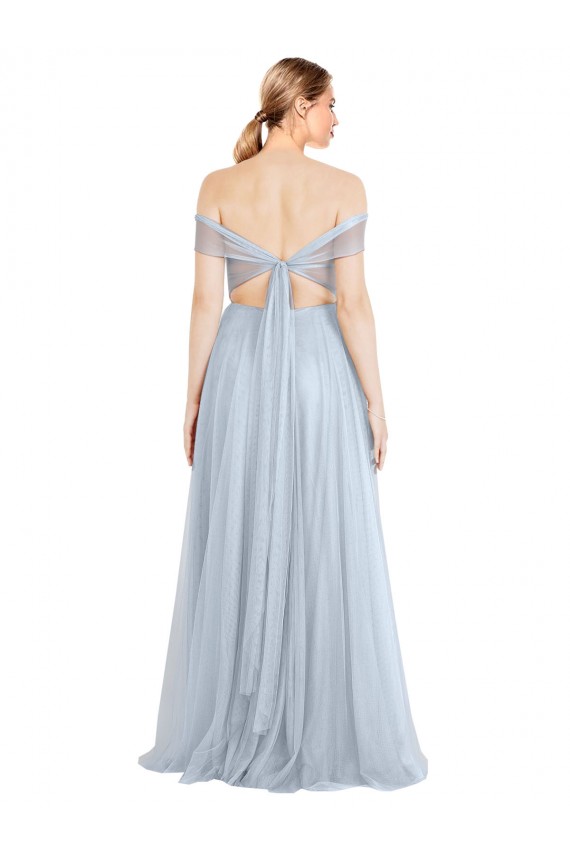 Magasins de Bleu ciel clair Trapèze Épaule Dénudée Tulle Longue Robes demoiselle d'honneur