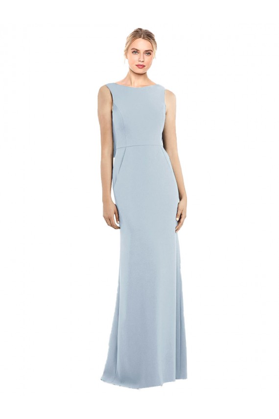 Magasins de Bleu ciel clair Trompette Bateau Crêpe Stretch Longue Robes demoiselle d'honneur / Robes de bal