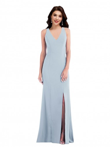 Magasins de Bleu ciel clair Trompette Col V Crêpe Stretch Longue Robes demoiselle d'honneur / Robes de bal