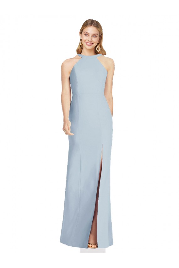 Magasins de Bleu ciel clair Trompette Licou Col Haut Crêpe Stretch Longue Formelles Robes demoiselle d'honneur / Robes de soirée