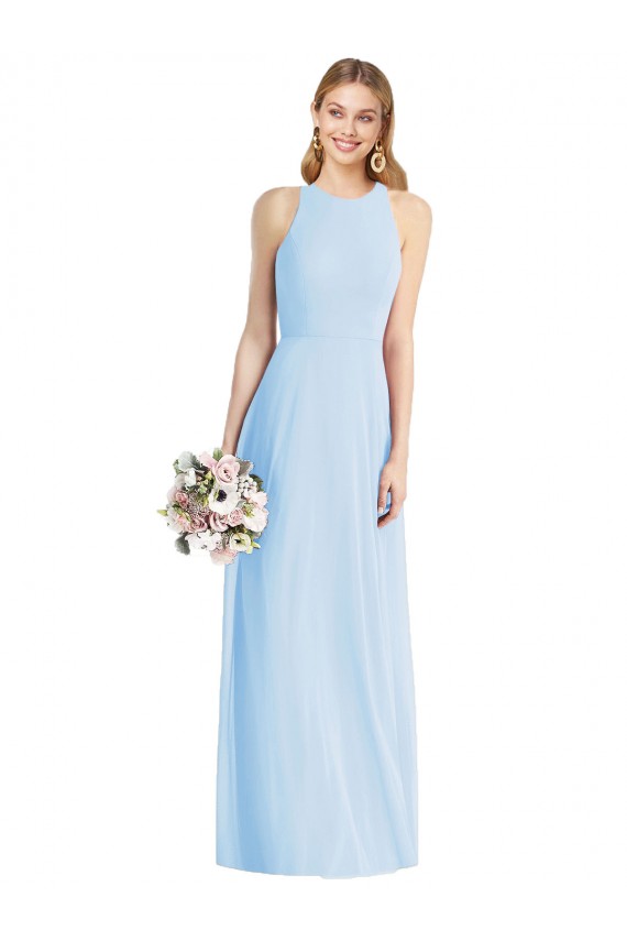 Magasins de Bleu ciel clair Trompette Licou Mousseline Longue Robes demoiselle d'honneur