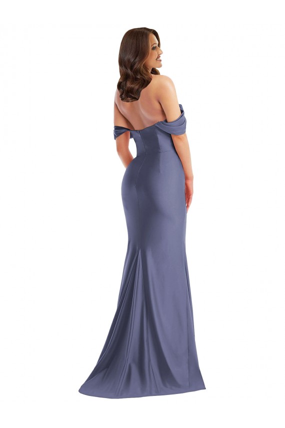 Magasins de Bleu français Sirène Épaule Dénudée Satiné Soyeux Longue Formelles Robes demoiselle d'honneur / Robes de soirée / Robes de bal